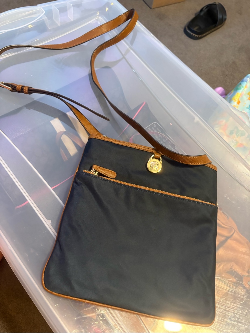 Michael Kors Navy Nylon Crossbody Bag with Tan Trim